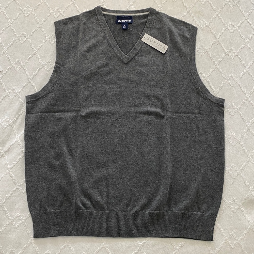 Lands' End Charcoal Heather V-Neck Supima Cotton Sweater Vest Size L